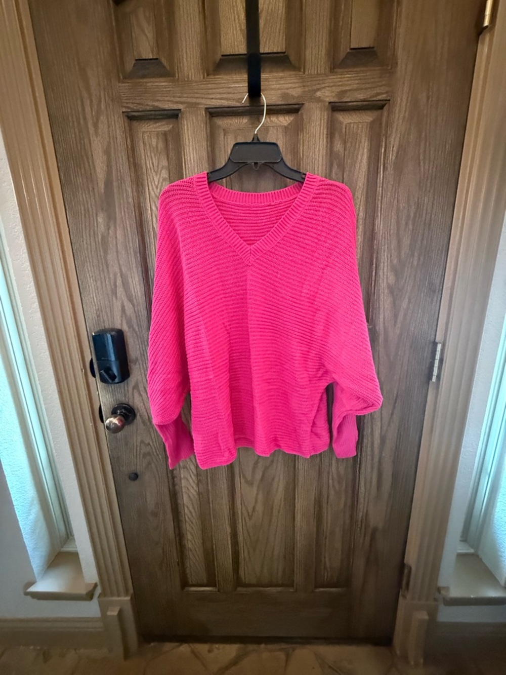 Women's V-Neck Ribbed Sweater - Hot Pink